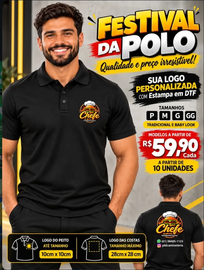 Camisa polo preta personalizada com logo estampada no peito e nas costas, campanha Festival da Polo da PBL
